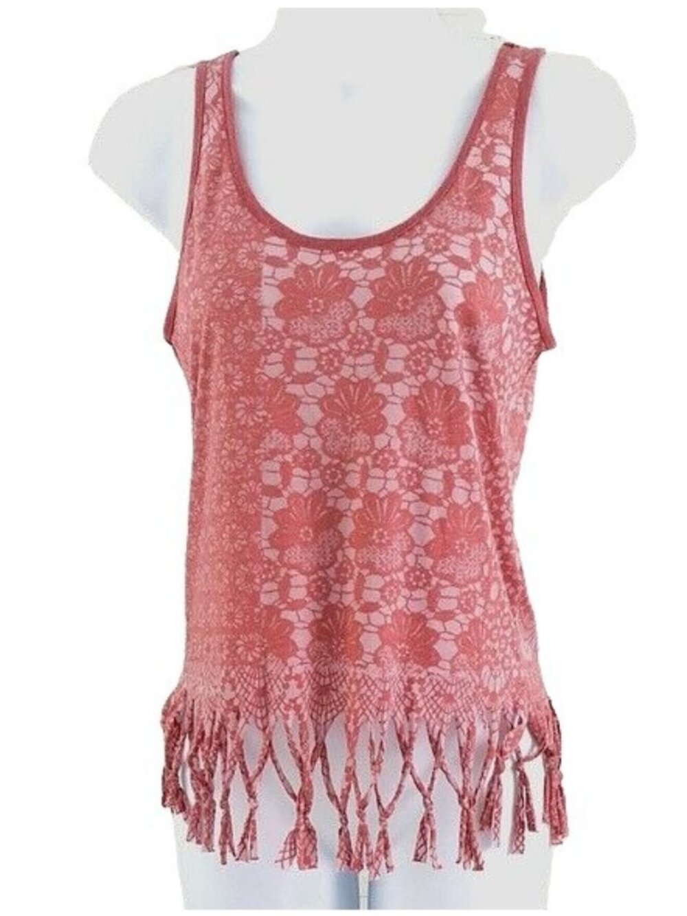 Topshop Women Knotted Fringe Tank Top Pink Rose SZ 4 Scoop Hem Floral Sleeveless